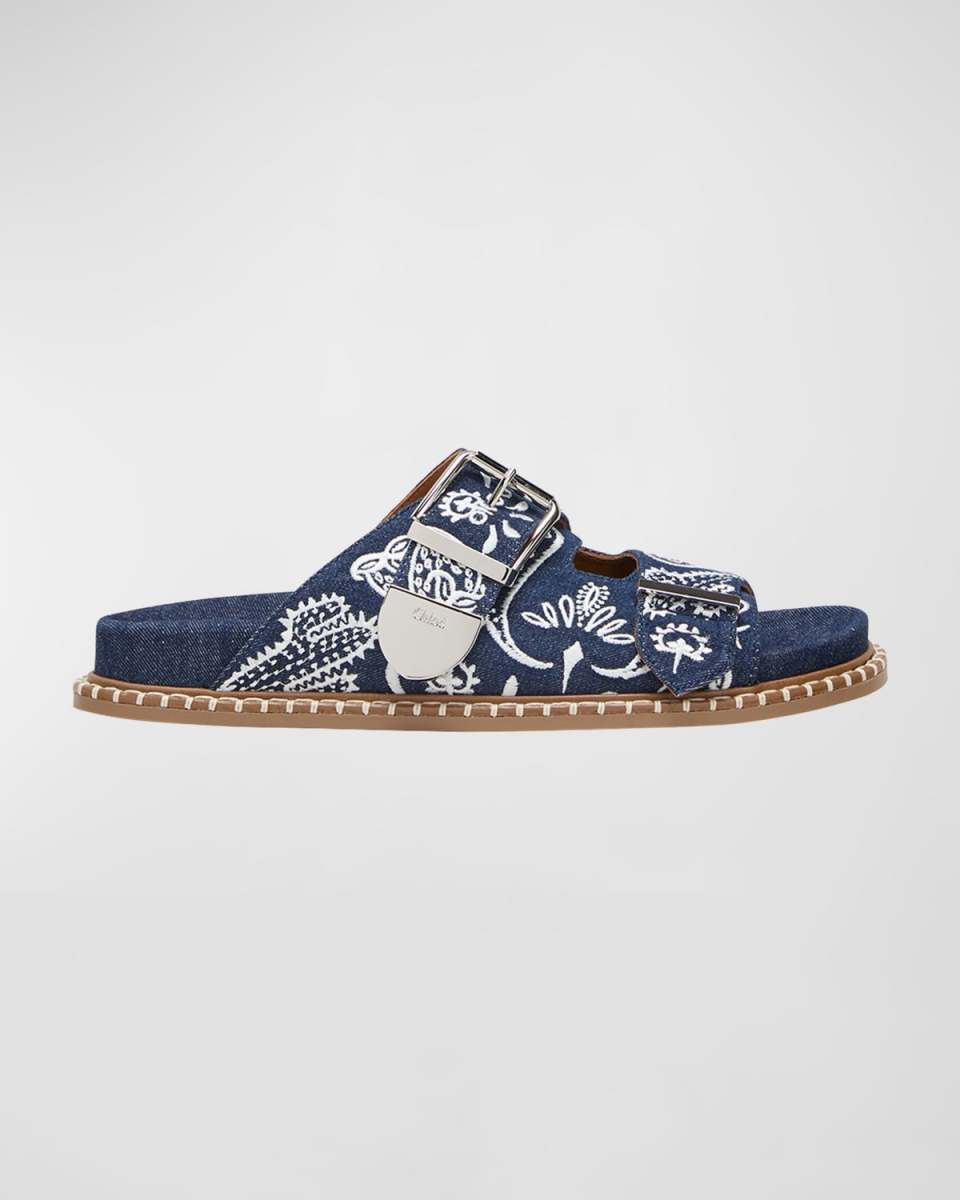 Rebecca Embroidered Denim Buckle Slide Sandals